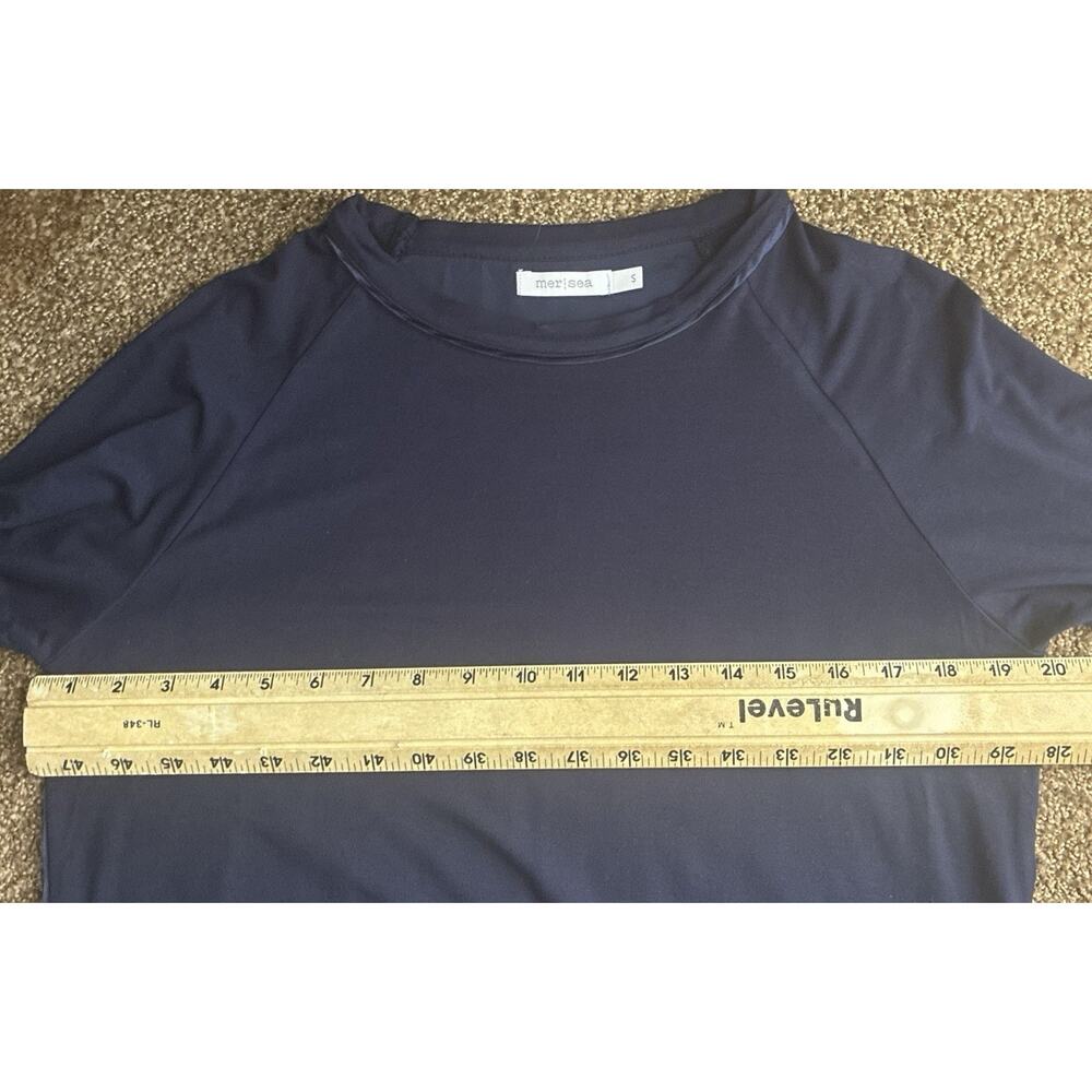 Mersea Navy Blue Mixed Media S Woven Silky LS Luxury Minimalist Quiet Luxury Top - Picture 7 of 8